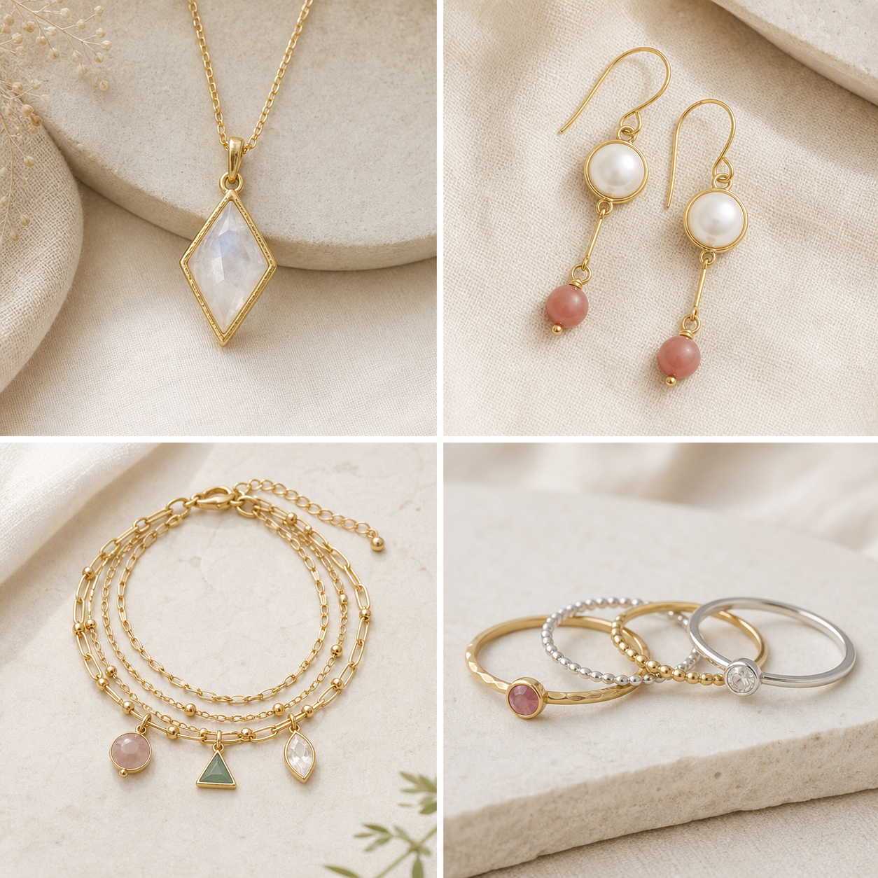 Photorealistic jewelry product photos arranged on warm linen and stone surfaces